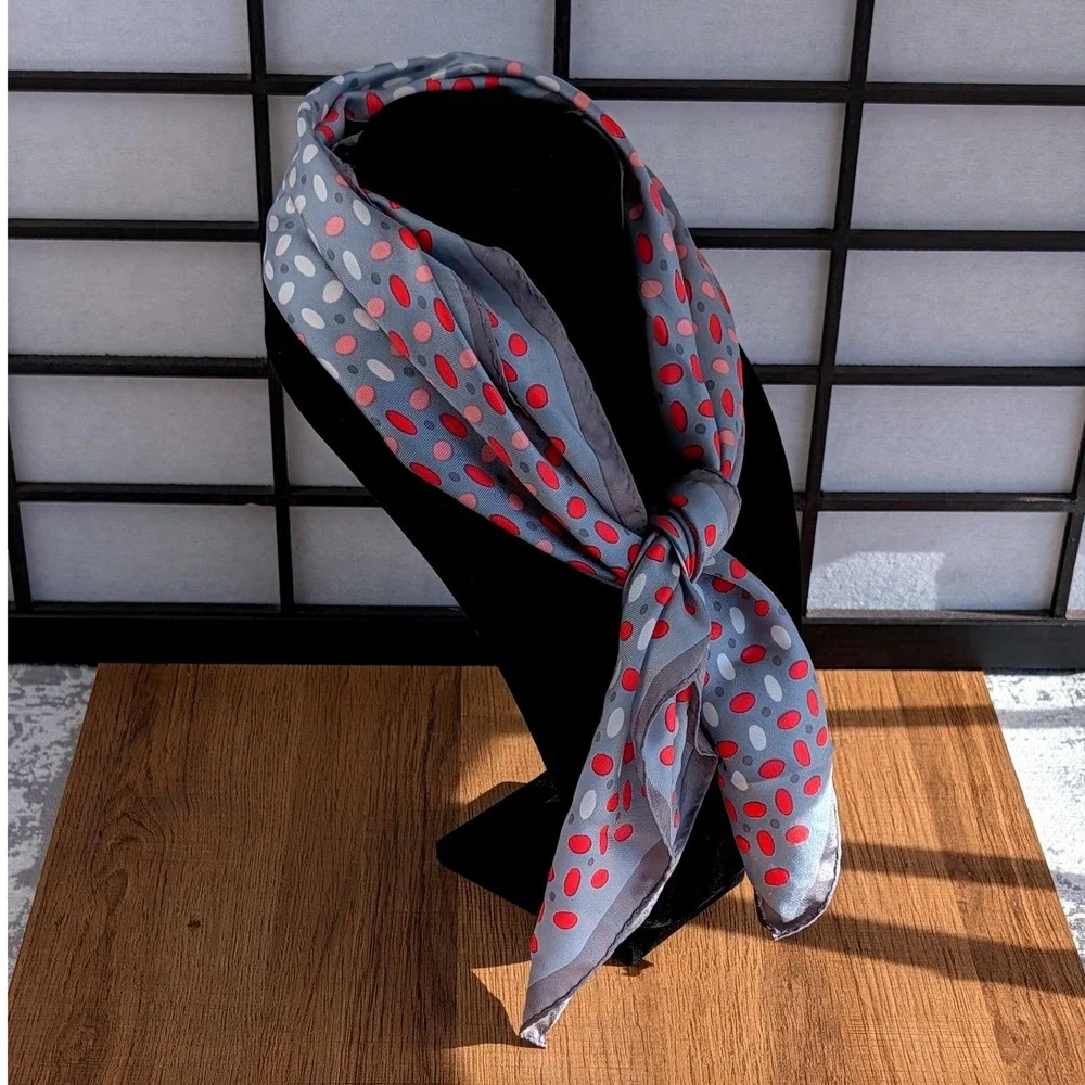 Designers Collection Silk Scarf Grey Red Polka Dot Square Made in Japan RN14750